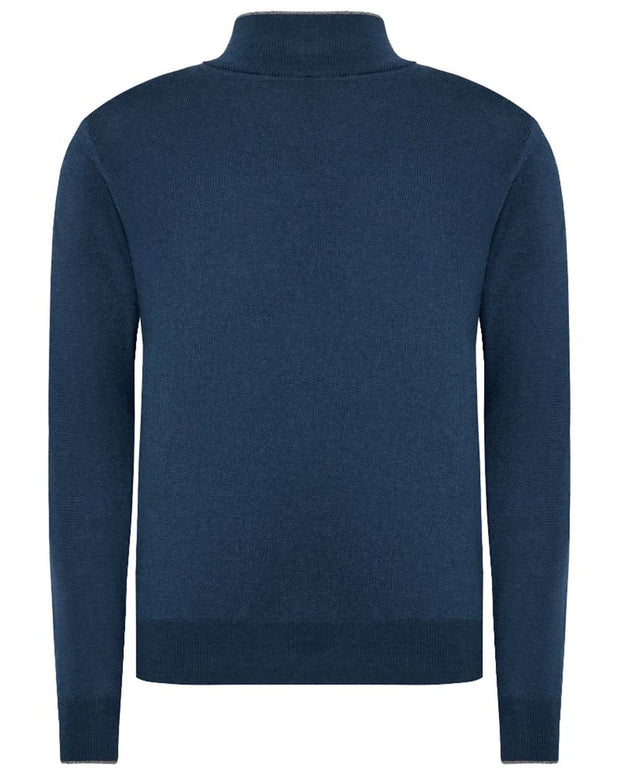 Blue Wool Men Sweater with Half Zip Closure