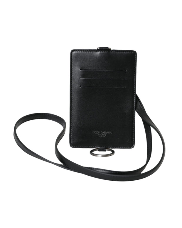 Black Calf Leather Lanyard Logo Card Holder Men Wallet
