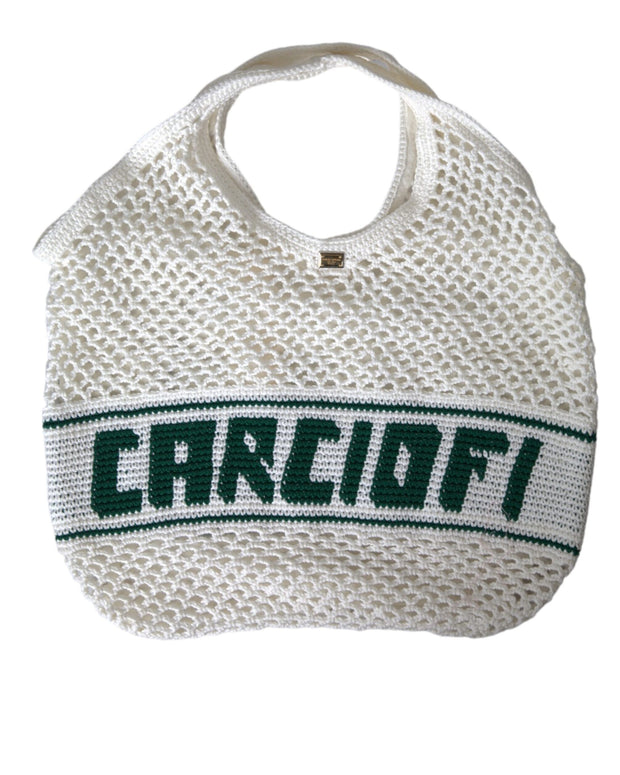 White Green Knitted Cotton Logo Shopping Tote Bag