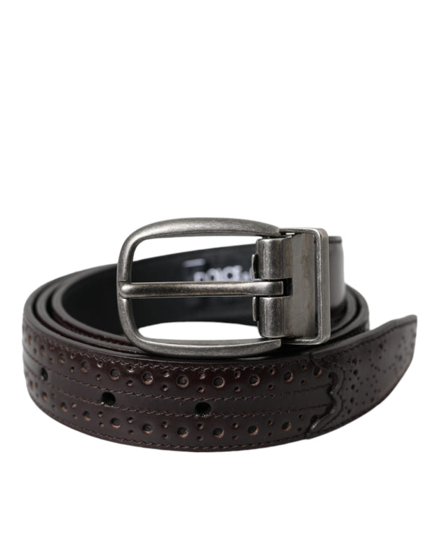 Dark Brown Perforated Leather Metal Buckle Belt Men