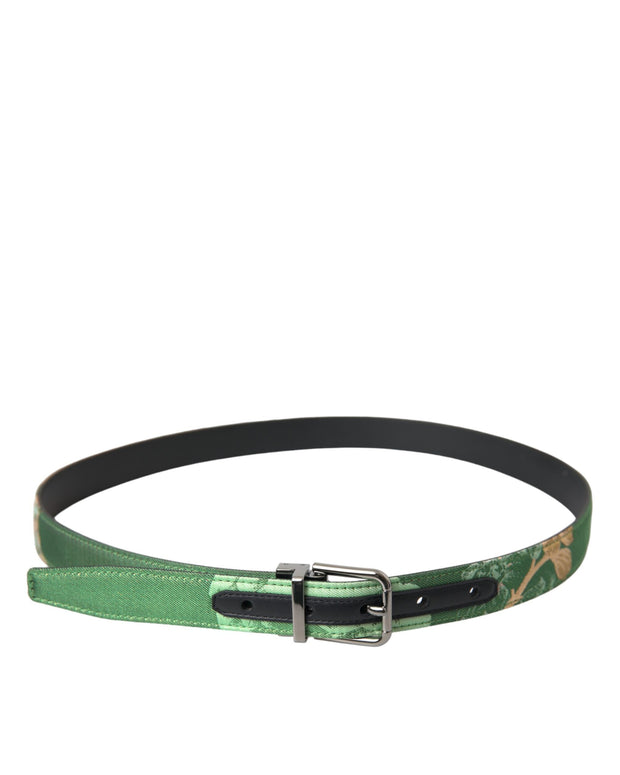 Green Leather Jacquard Silver Metal Buckle Belt
