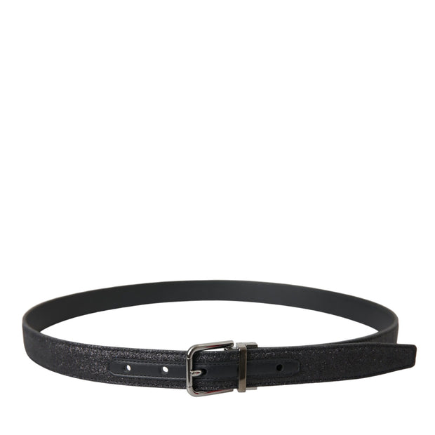 Black Glittered Leather Silver Buckle Belt