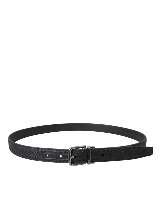 Black Glittered Leather Silver Buckle Belt