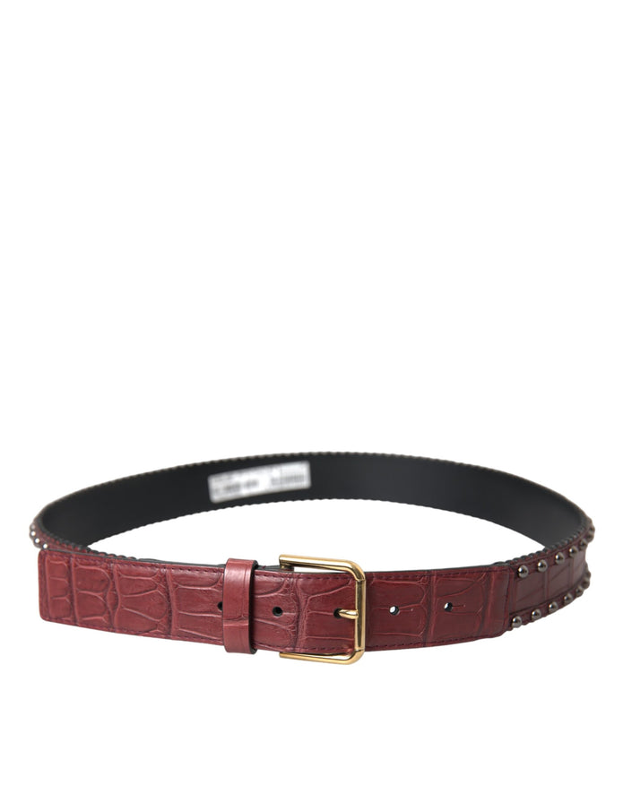 Brown Alligator Leather Studded Metal Buckle Belt