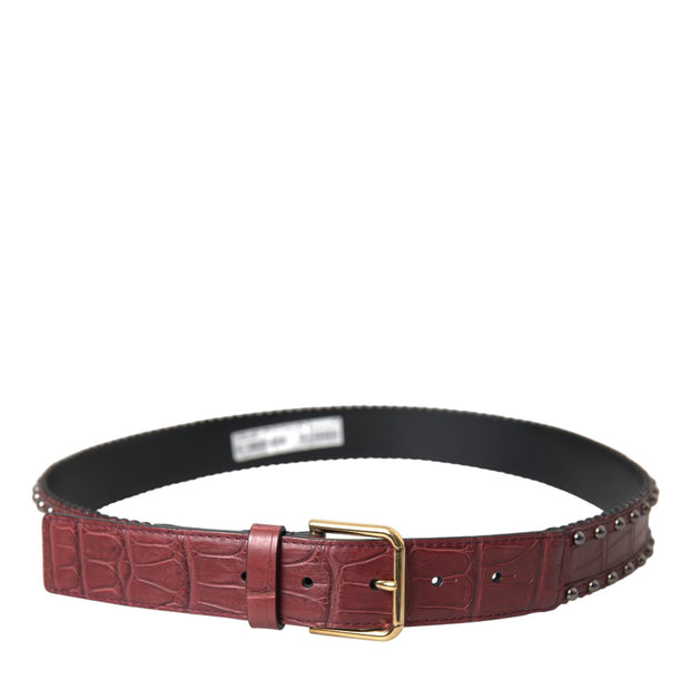 Brown Alligator Leather Studded Metal Buckle Belt