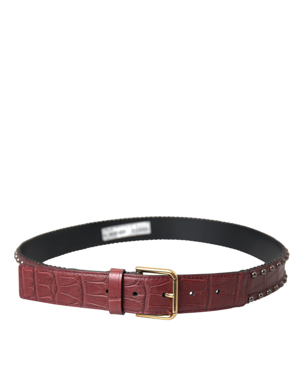 Brown Alligator Leather Studded Metal Buckle Belt