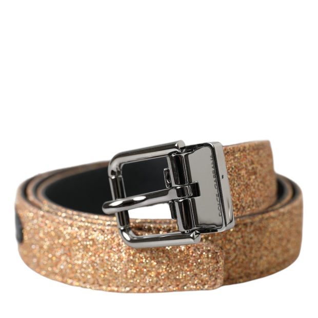 Gold Glitter Leather Silver Metal Buckle Belt