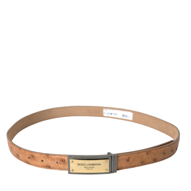 Beige Leather Gold Logo Engraved Buckle Belt