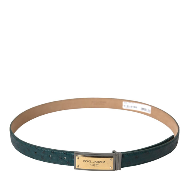 Green Leather Gold Logo Engraved Buckle Belt