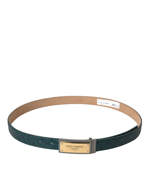 Green Leather Gold Logo Engraved Buckle Belt