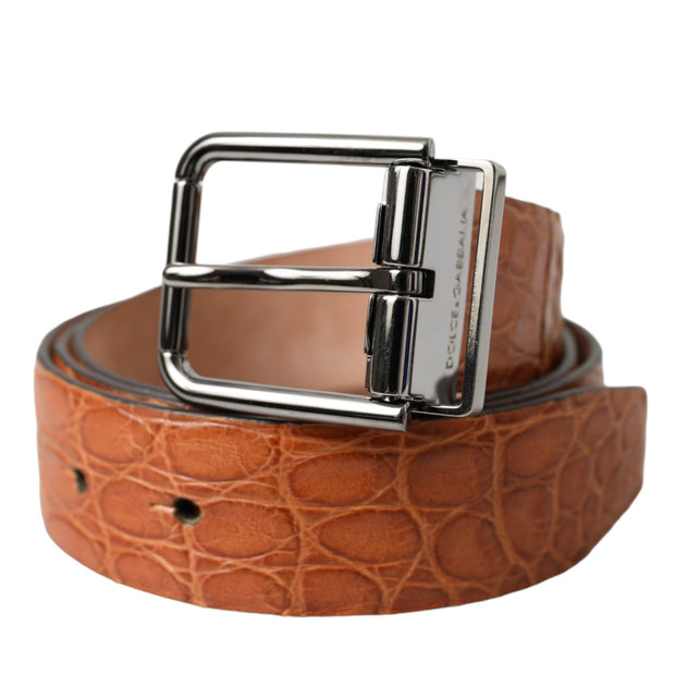 Brown Exotic Leather Silver Metal Buckle Belt