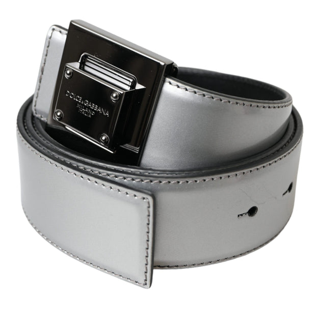 Silver Leather Square Metal Buckle Belt