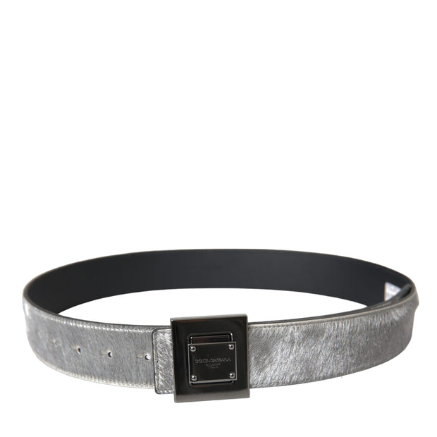 Silver Leather Square Metal Buckle Belt