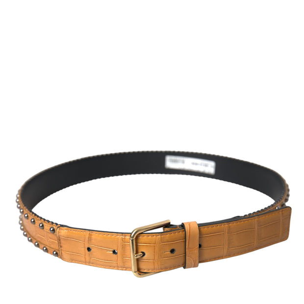 Beige Alligator Leather Studded Metal Buckle Belt