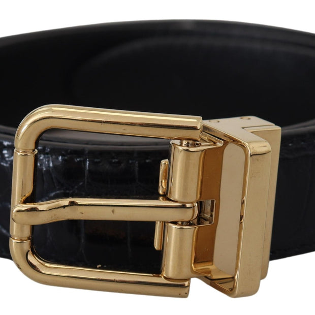 Black Exotic Leather Gold Metal Buckle Belt