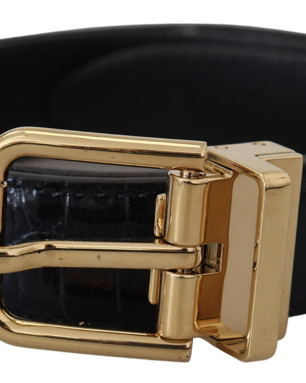 Black Exotic Leather Gold Metal Buckle Belt