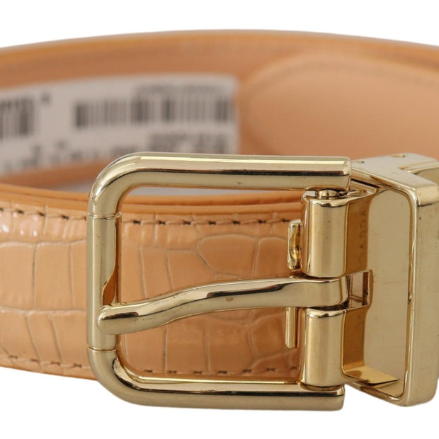 Beige Exotic Leather Gold Metal Buckle Belt