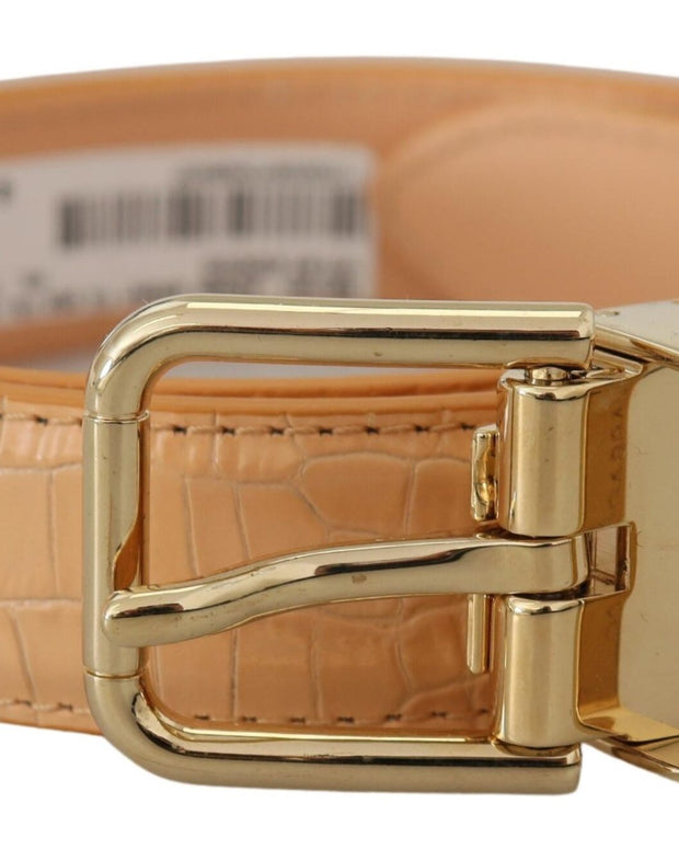 Beige Exotic Leather Gold Metal Buckle Belt