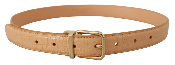 Beige Exotic Leather Gold Metal Buckle Belt