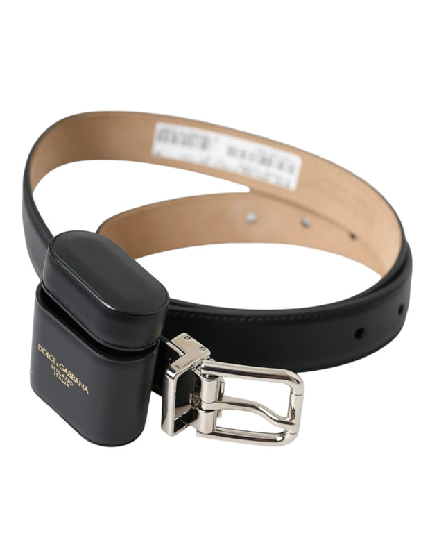 Black Leather Airpods Case Silver Buckle Belt