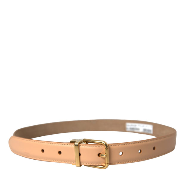 Beige Calfskin Leather Gold Metal Buckle Belt