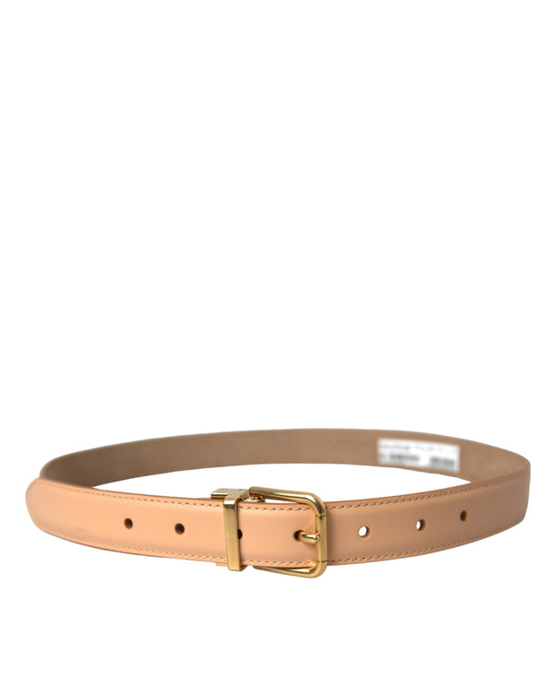 Beige Calfskin Leather Gold Metal Buckle Belt