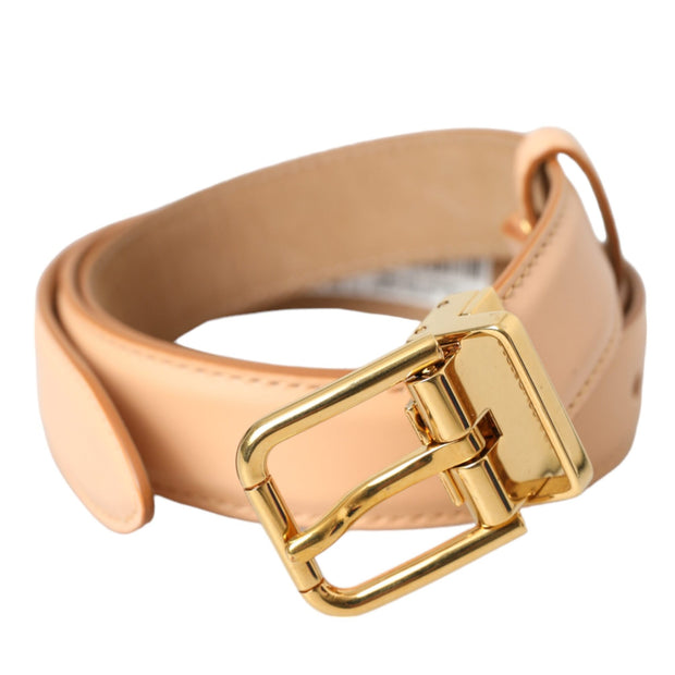 Beige Calfskin Leather Gold Metal Buckle Belt