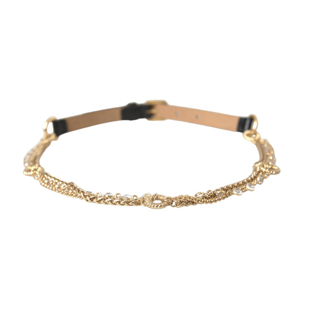 Black Leather Gold Chain Crystal Waist Women Belt