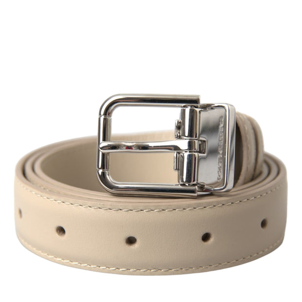 Beige Calfskin Leather Silver Metal Buckle Belt