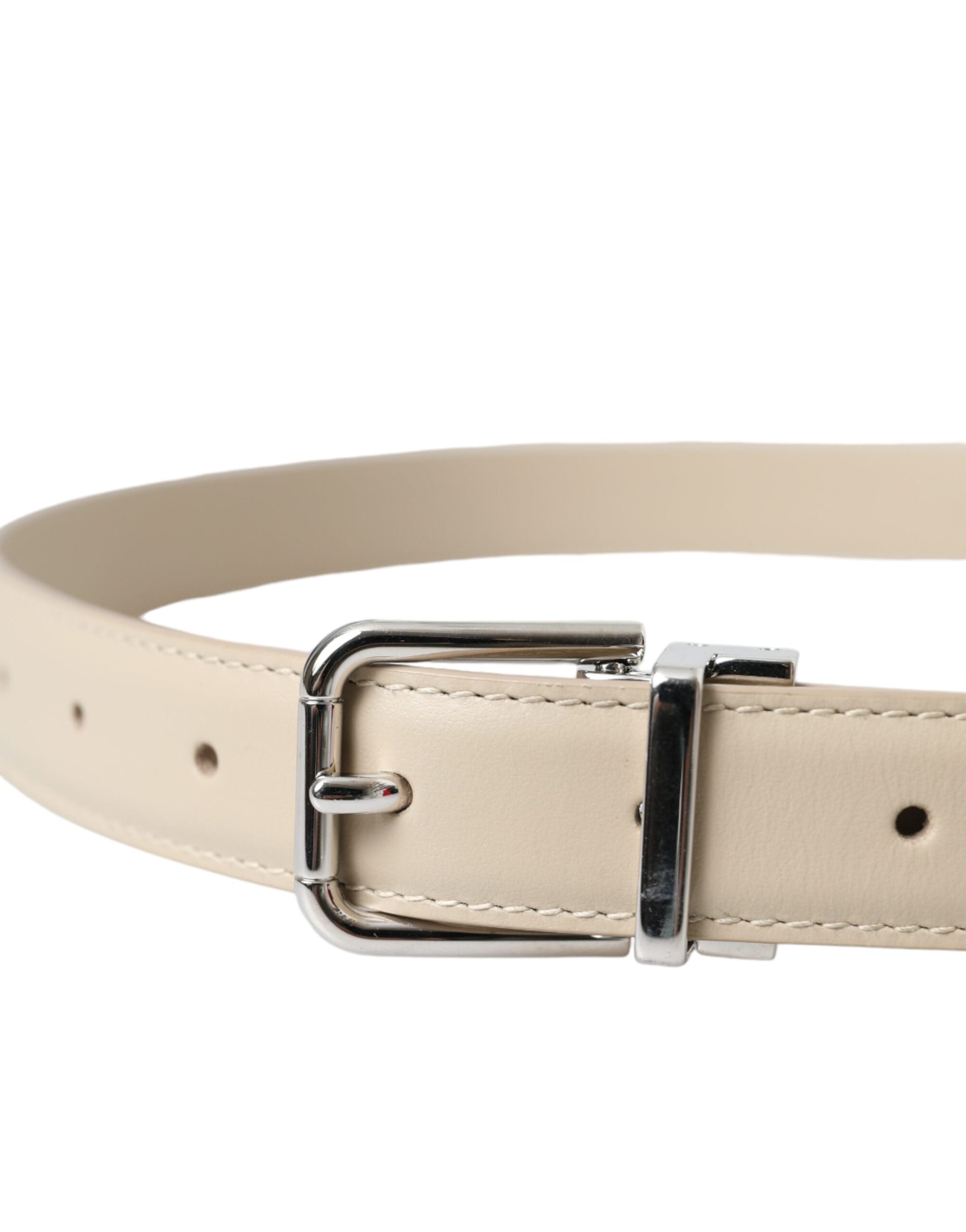 Beige Calfskin Leather Silver Metal Buckle Belt