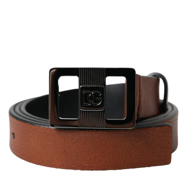 Dark Brown Leather Square Metal Buckle Belt