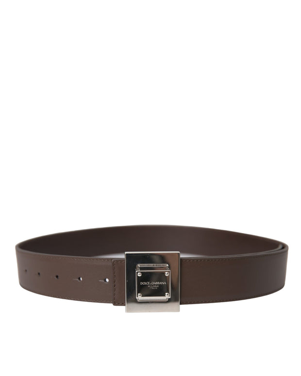 Brown Calf Leather Square Metal Buckle Belt