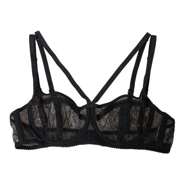 Black Floral Lace Nylon Balconcino Bra Underwear