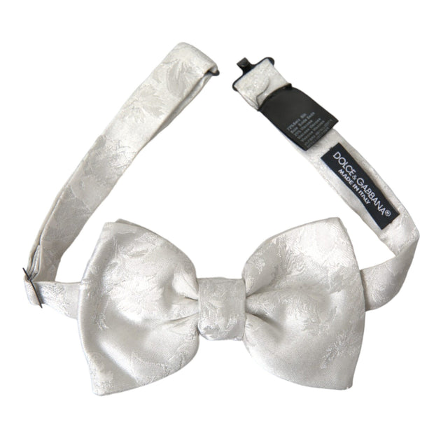 White Floral Silk Adjustable Men Neck Bow Tie