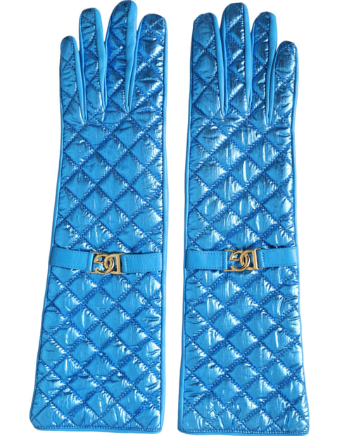 Blue Leather Quilted Mid Arm Length Gloves