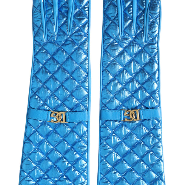 Blue Leather Quilted Mid Arm Length Gloves