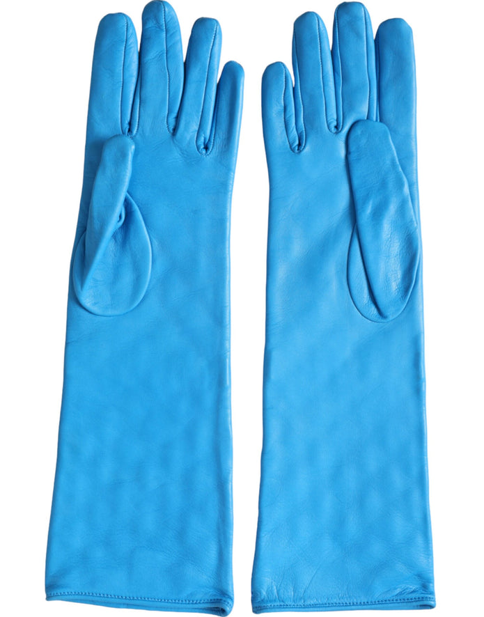 Blue Leather Quilted Mid Arm Length Gloves