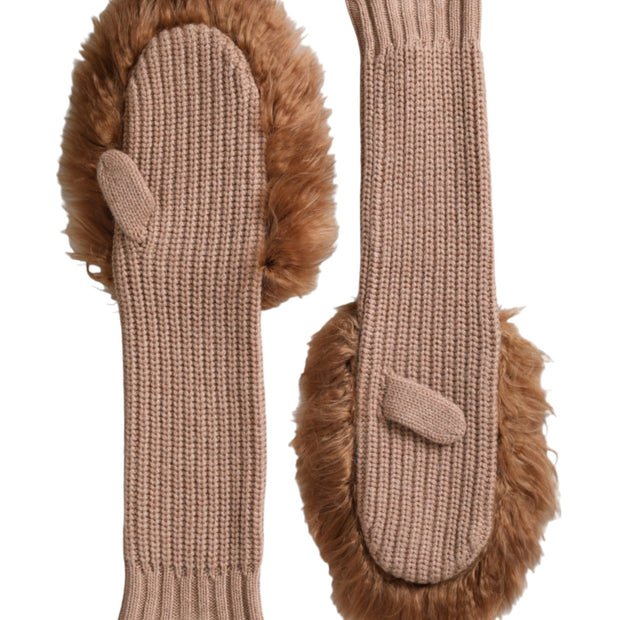 Brown Cashmere Knitted Fur Mid Arm Mitten Gloves