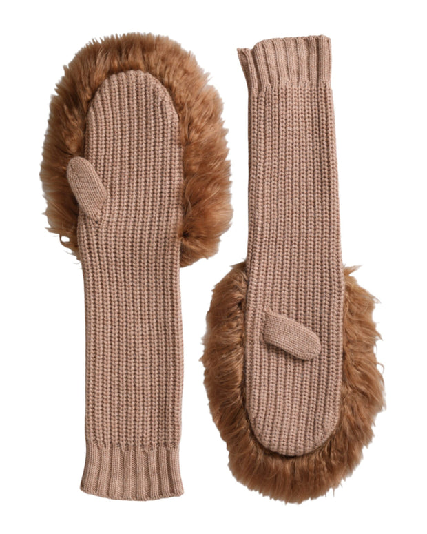 Brown Cashmere Knitted Fur Mid Arm Mitten Gloves