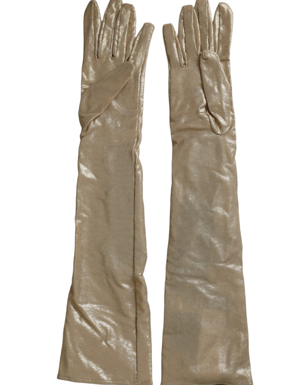Beige Satin Crystal Elbow Length Gloves