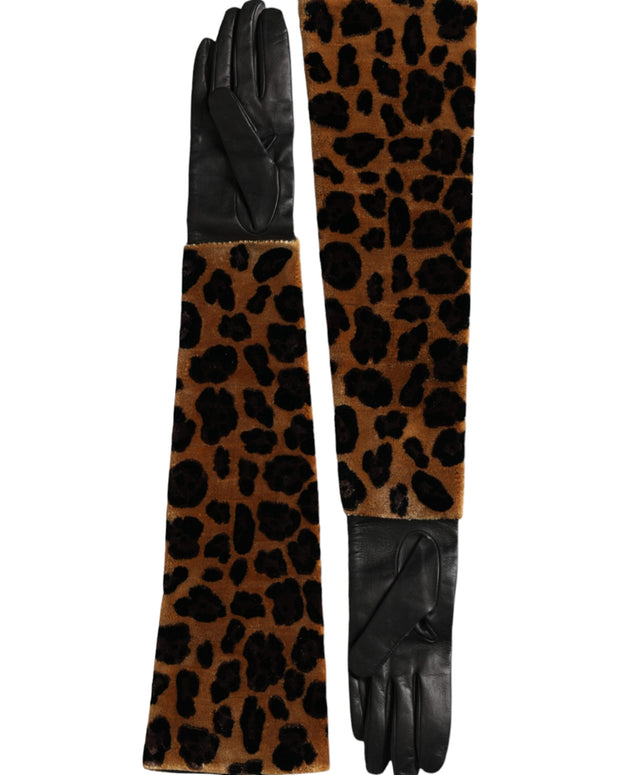 Brown Black Leopard Leather Elbow Length Gloves