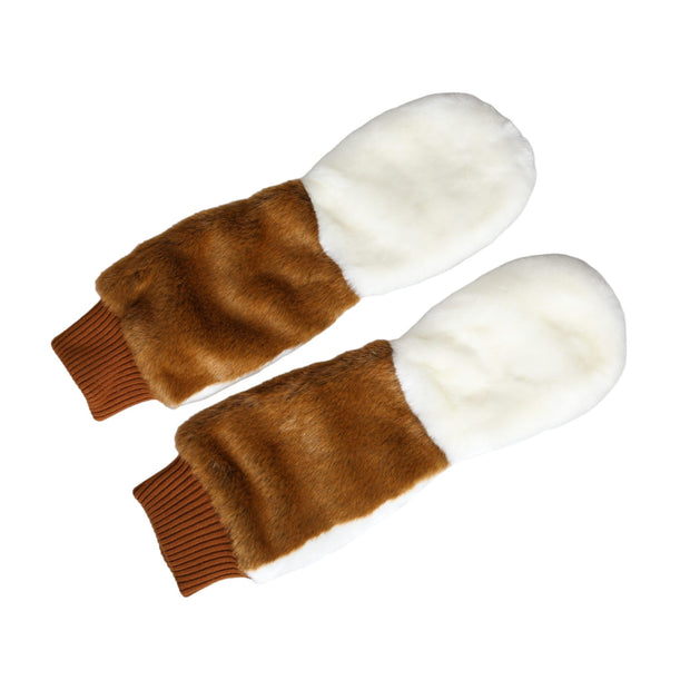 Brown White Acrylic Knitted Fur Mitten Gloves