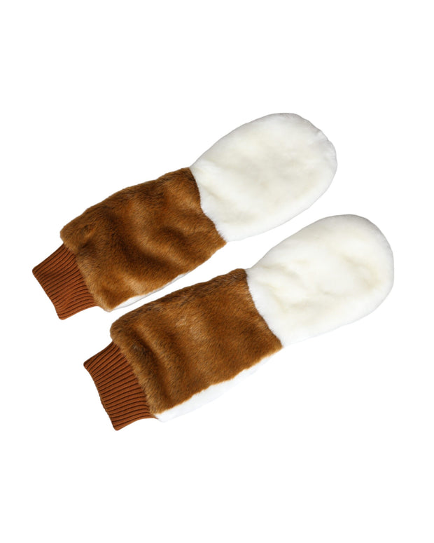 Brown White Acrylic Knitted Fur Mitten Gloves