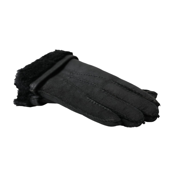 Black Leather Fur Short Hands Gloves