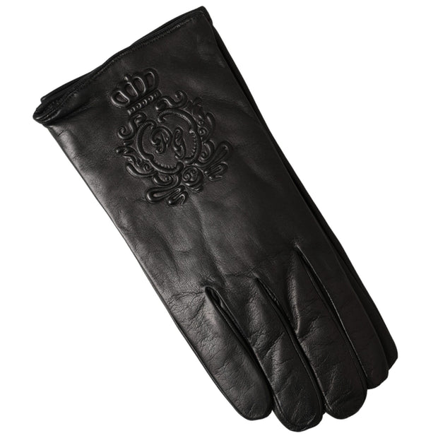 Black Leather Embossed Logo Short Hands Gloves