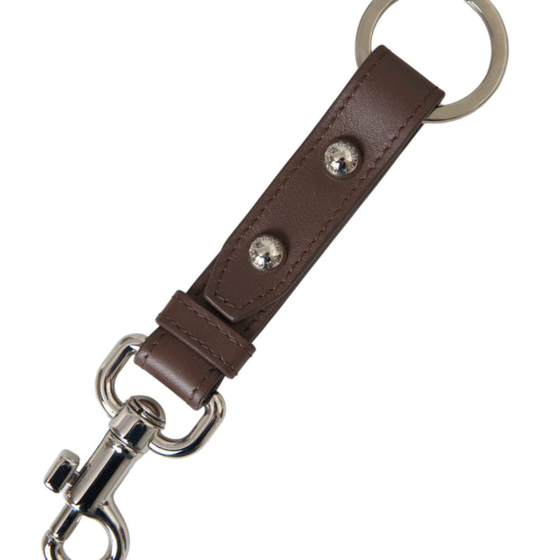 Brown Plain Leather Silver Brass Keyring Holder Keychain