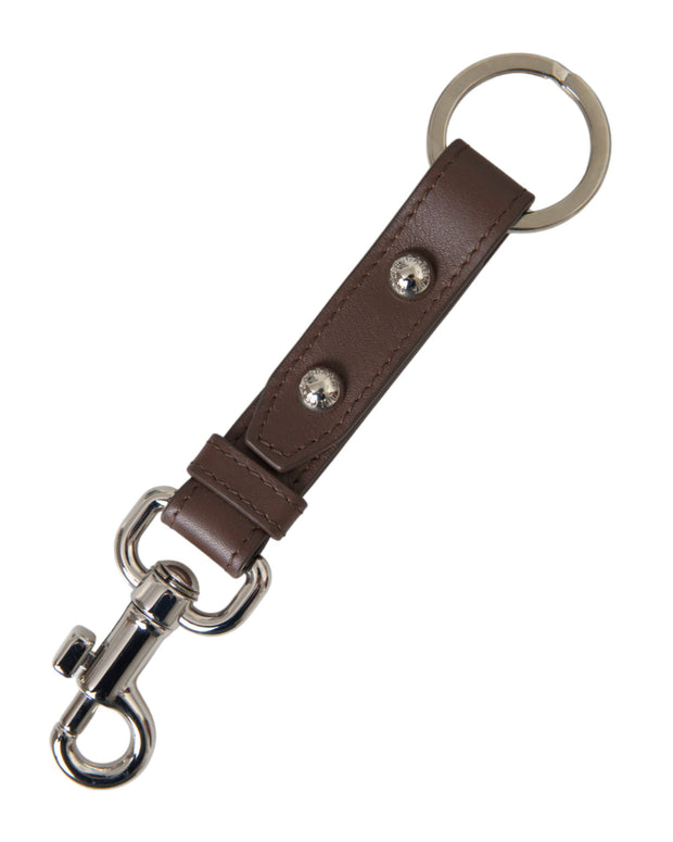 Brown Plain Leather Silver Brass Keyring Holder Keychain