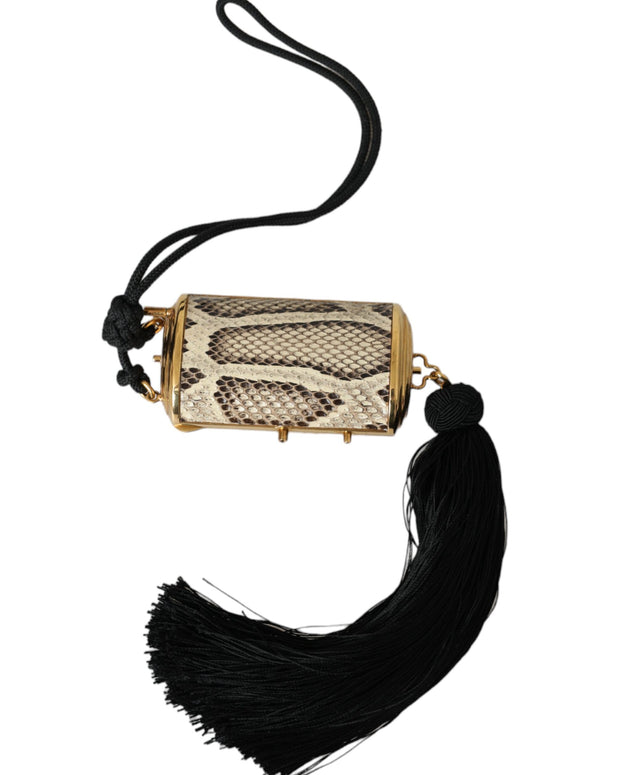 Beige Exotic Leather Mini Mirror Tassel Make Up Holder Bag