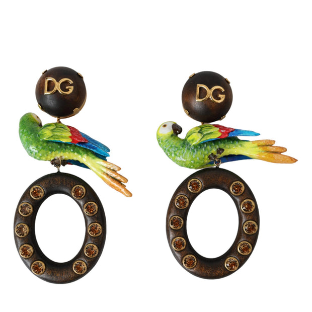 Multicolor Parrot Wood Brass Crystal Embellished Earrings