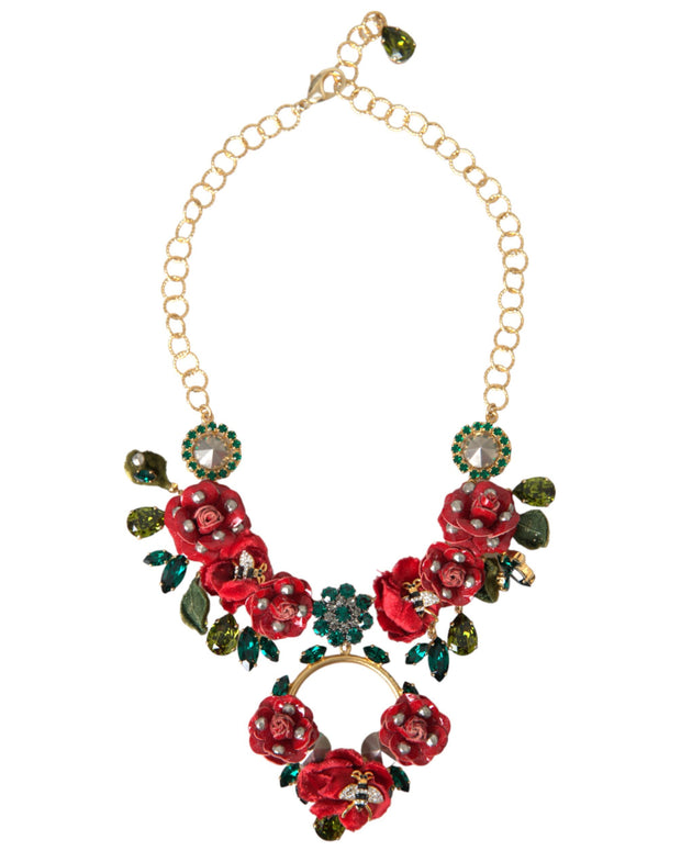 Gold Brass Link Chain RosePetal Crystal Pendant Necklace